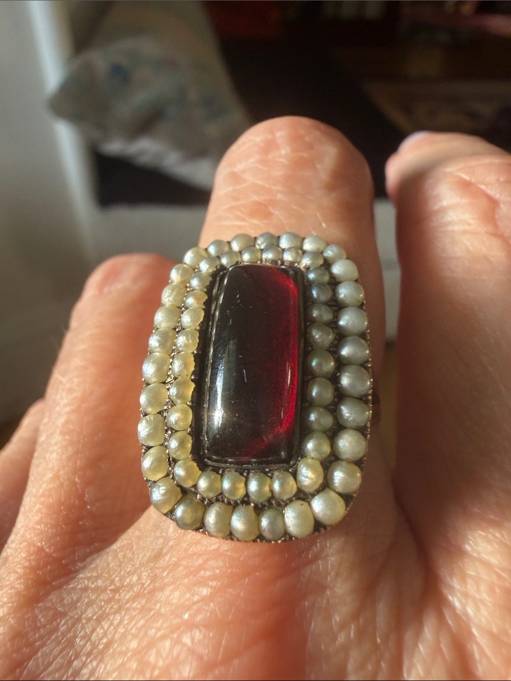 Antique Georgian Ruby + Seed Pearl 14K Ring